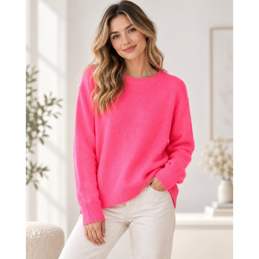 J Crew Preppy Pop Neon Pink Wool Blend Sweater L Dopamine Clean Girl Extra Soft